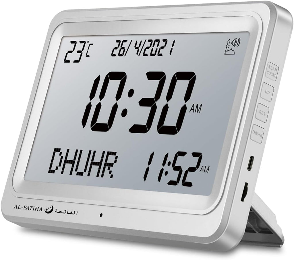 Digital Azan Clock with Automatic Prayer Times – 8 Sounds, White