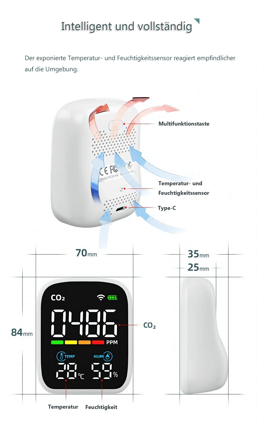 Indoor CO2 Monitor Air Quality Meter - WiFi, Portable Alarm, Digital Display