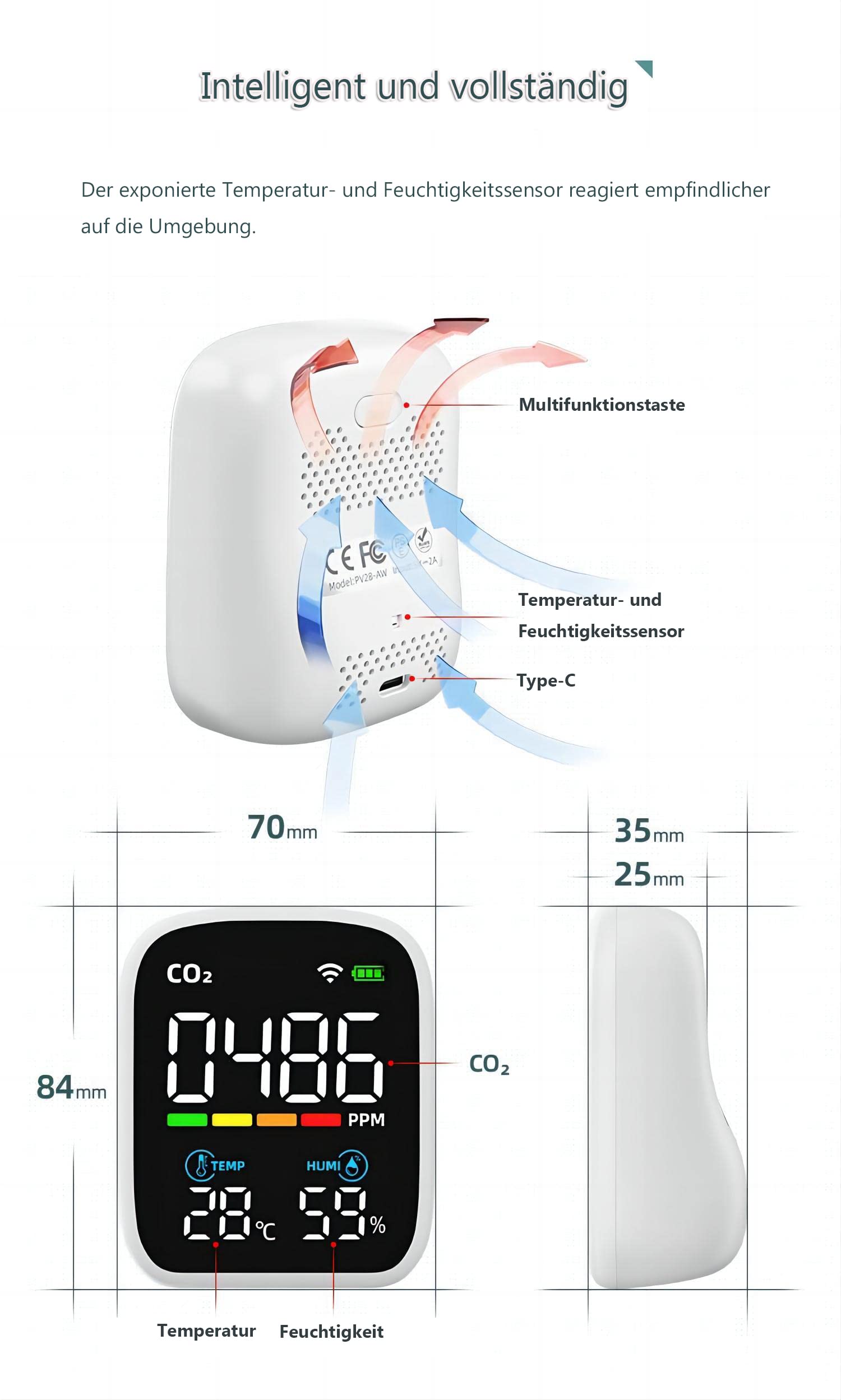 Indoor CO2 Monitor Air Quality Meter - WiFi, Portable Alarm, Digital Display