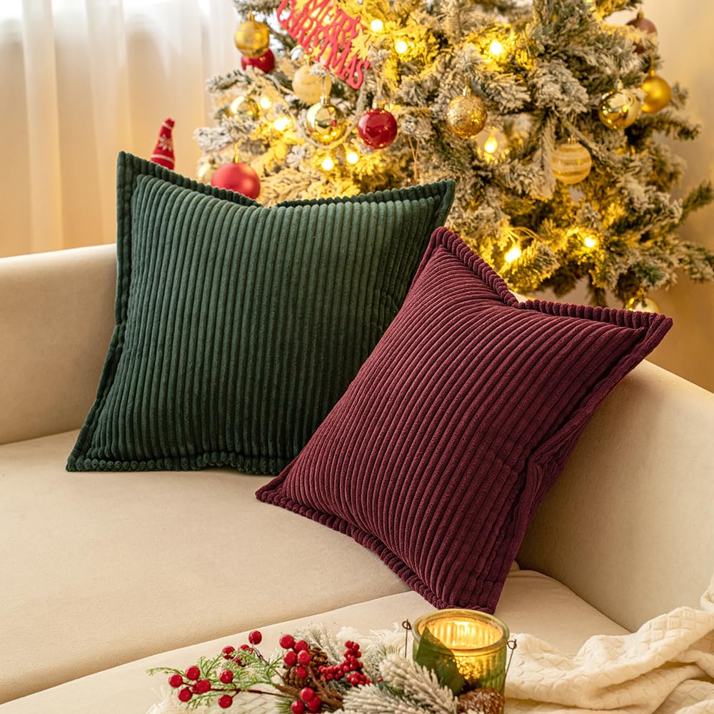 MIULEE Corduroy Cushion Covers 45x65cm - Striped, Dark Green, 2 Pieces