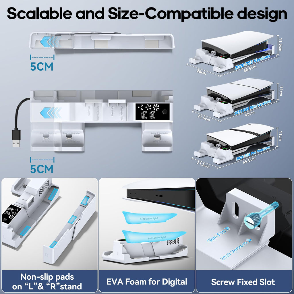 PS5 Horizontal Stand with Cooling Fan and Controller Charger – White