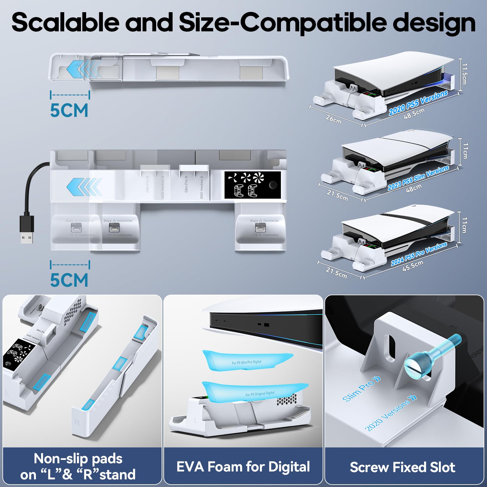 PS5 Horizontal Stand with Cooling Fan and Controller Charger – White