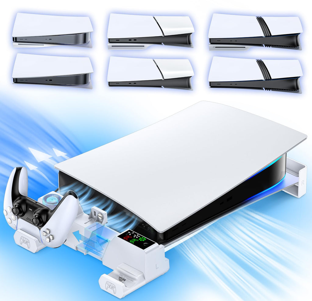 PS5 Horizontal Stand with Cooling Fan and Controller Charger – White