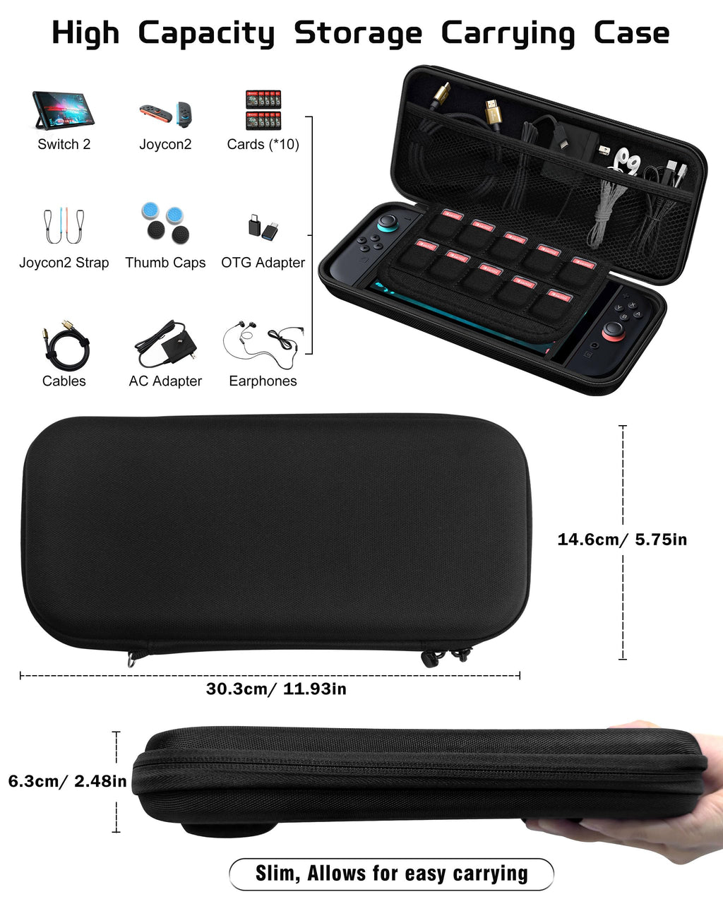 Joso Switch 2 Protective Case with Screen Protector and Accessories - Hard Black