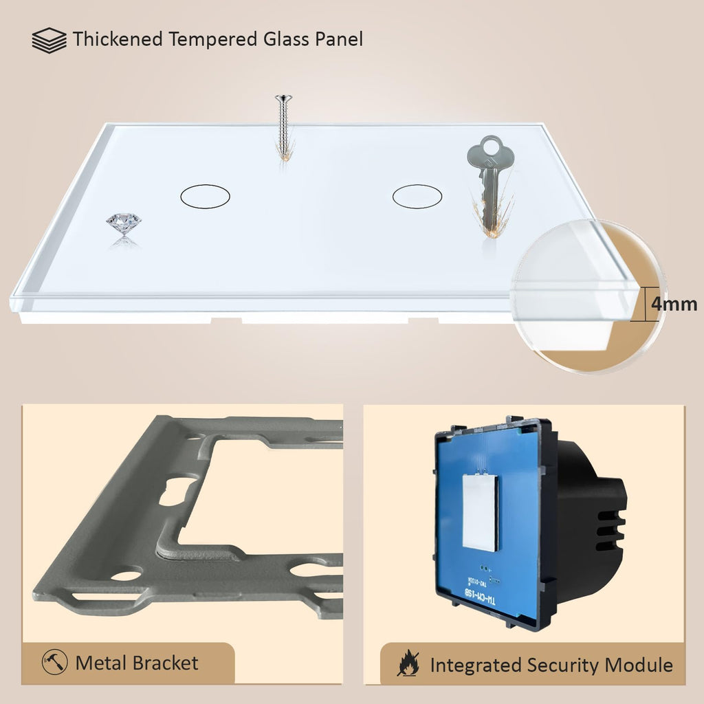 TAWOIA 1-Gang 1-Way Light Switch Glass Plate Touch Control – White 86 x 157 mm