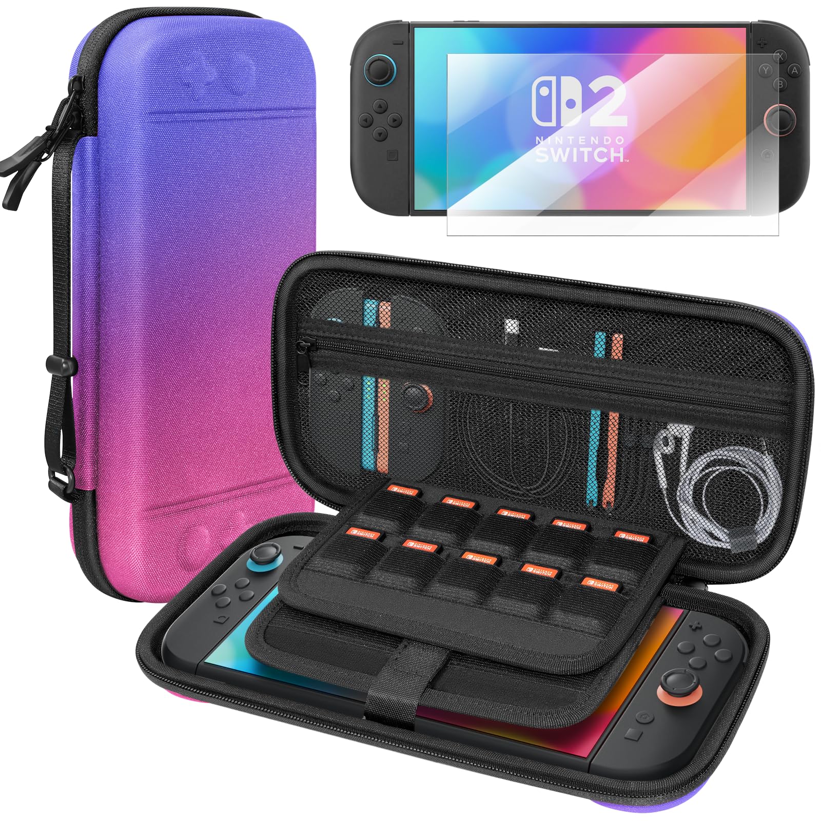 Nintendo Switch 2 Large Travel Case with Screen Protector and Accessory Pockets – Purple/Blue