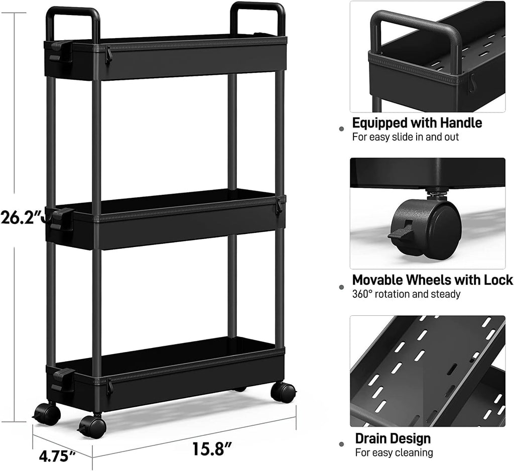 3-Tier Storage Cart Slim Rolling Cart – Black