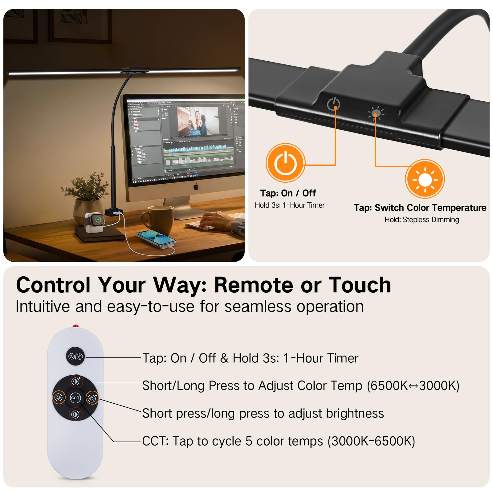 LED Desk Lamp with Touch Control USB-A and USB-C – Black