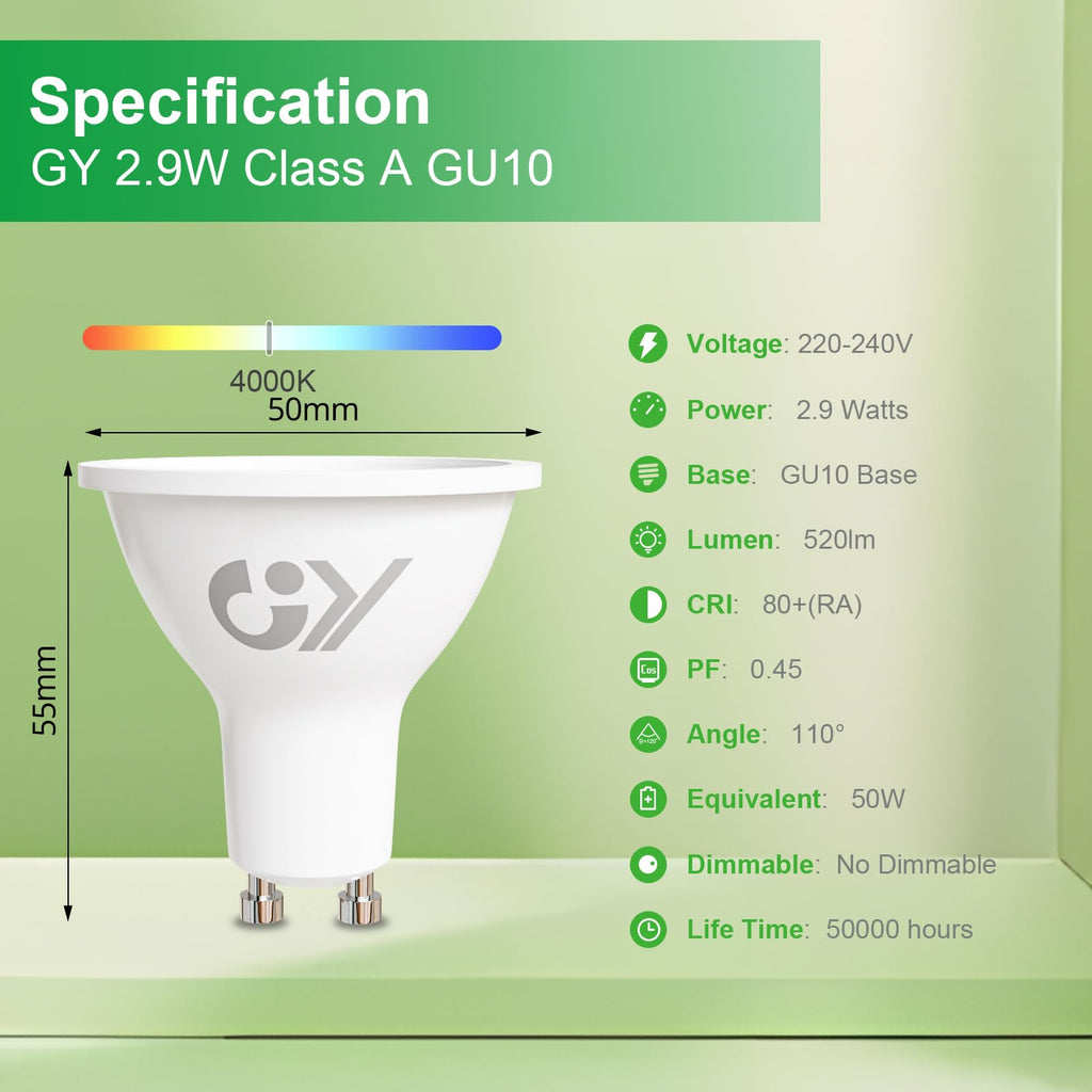 GU10 2.9W Energy-Saving LED Bulb 4000K 520LM – Pack of 10
