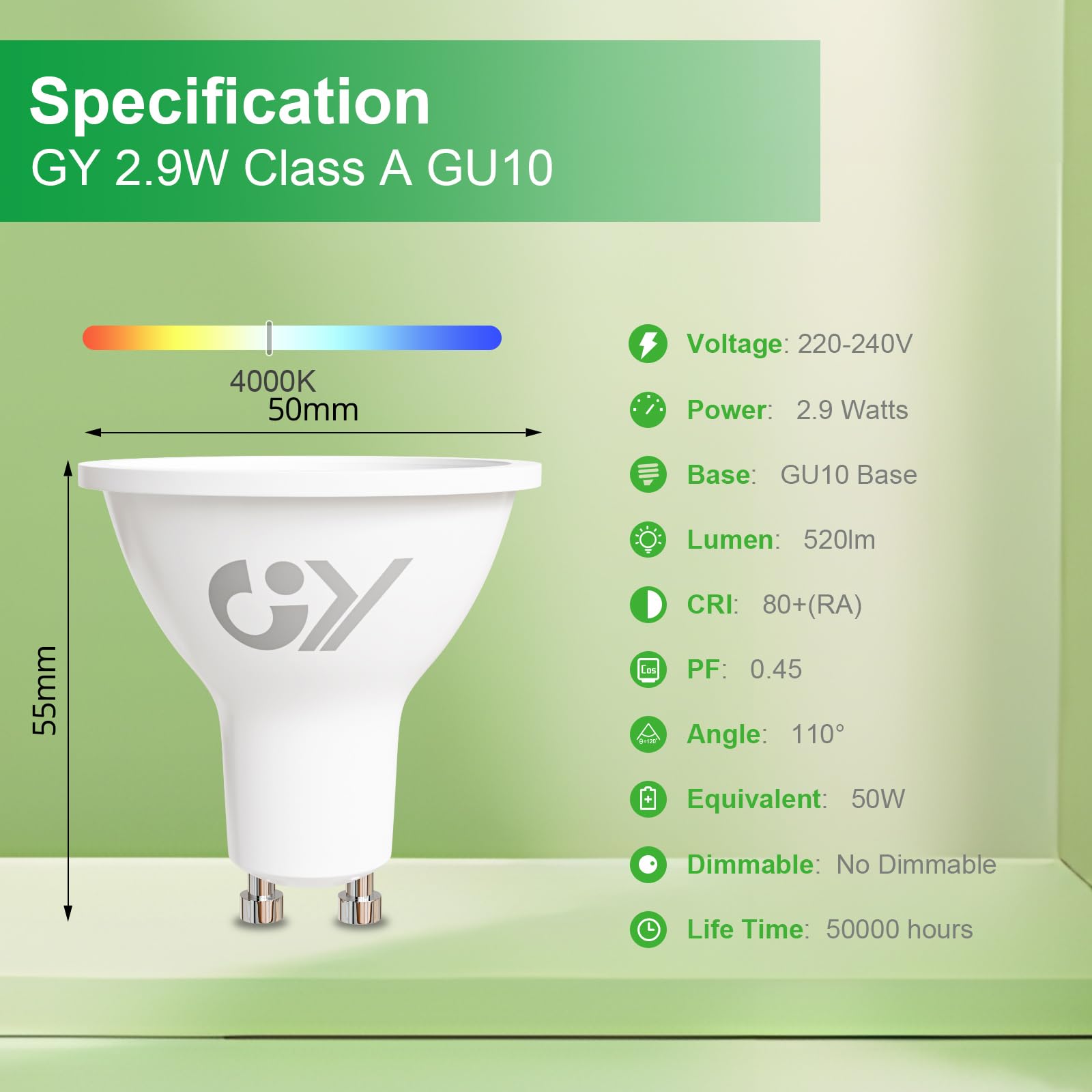 GU10 2.9W Energy-Saving LED Bulb 4000K 520LM – Pack of 10