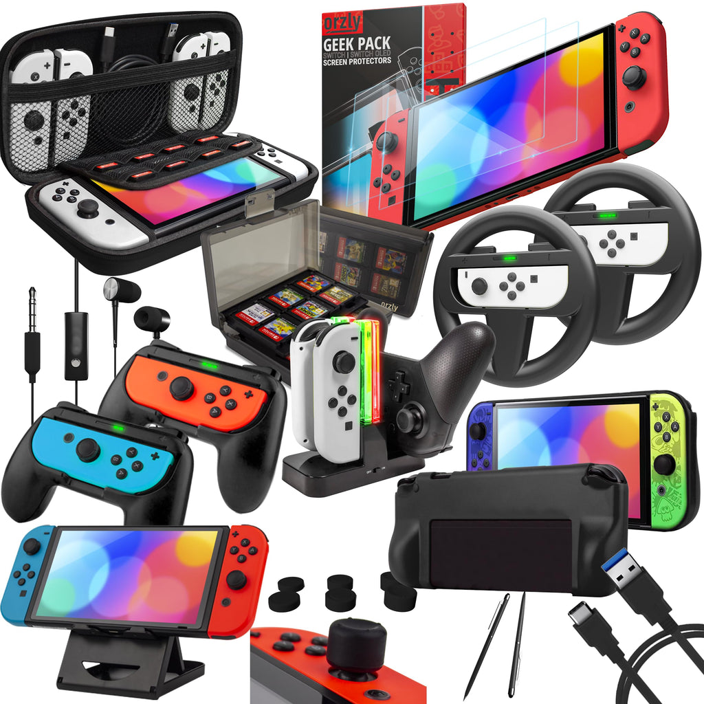 Nintendo Switch Accessory Set Case Screen Protector Joycon Grip - Black