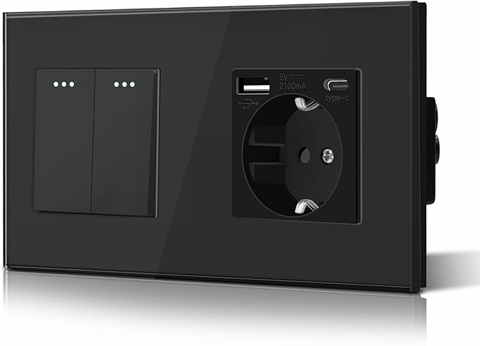 Light Switch with Schuko Socket and USB Ports Modern Flush-Mounted – Black