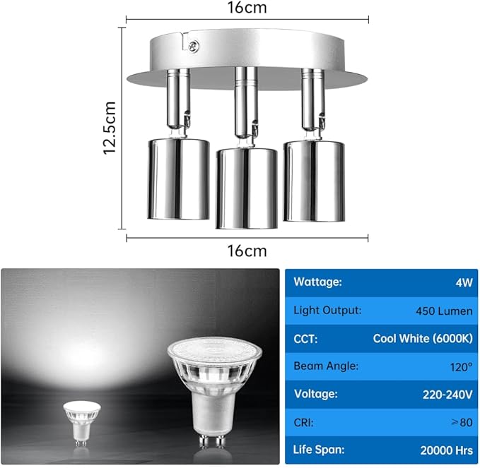 URAQT Spot Sufitowy LED 3-Punktowy GU10 – Obrót 330°, Do Salonu, Kuchni i Sypialni bez żarówek
