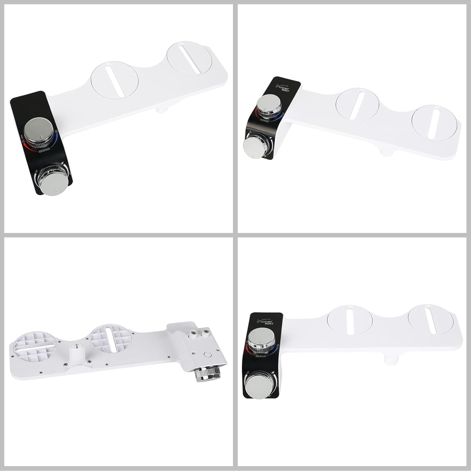 Bidet attachment for toilet seat - pressure and temperature adjustment, dual nozzles