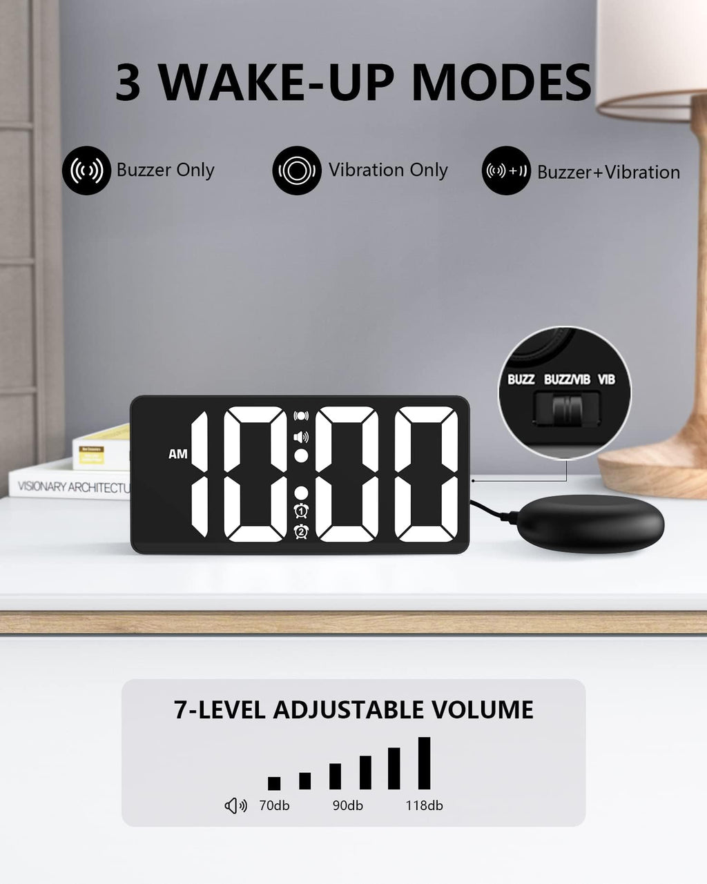 Vibrating Alarm Clock with Dual Alarm and Large Display – For Heavy Sleepers
