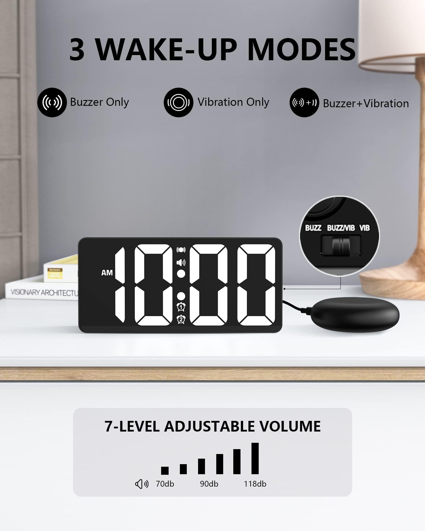 Vibrating Alarm Clock with Dual Alarm and Large Display – For Heavy Sleepers