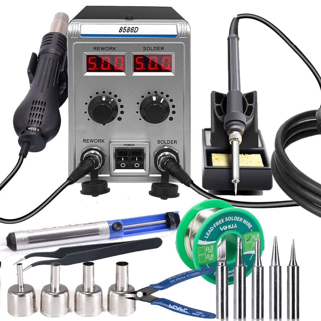 8586D 2-in-1 Hot Air Soldering Station and Soldering Iron, Adjustable Temperature 100-500°C – USB