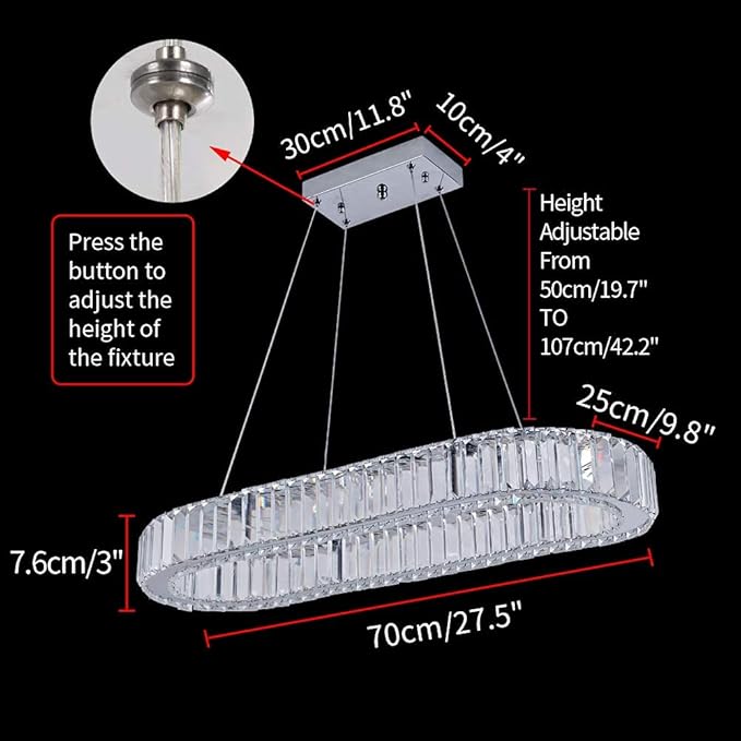 K9 Crystal Chandelier, Oval, 70 cm – Laser Cut, Adjustable Height 50–107 cm