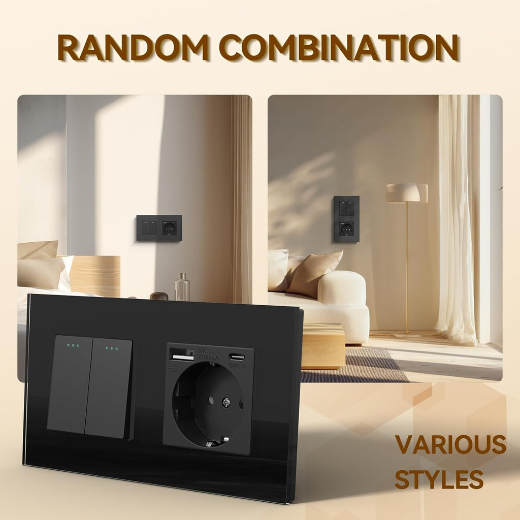 Light Switch with Schuko Socket and USB Ports Modern Flush-Mounted – Black