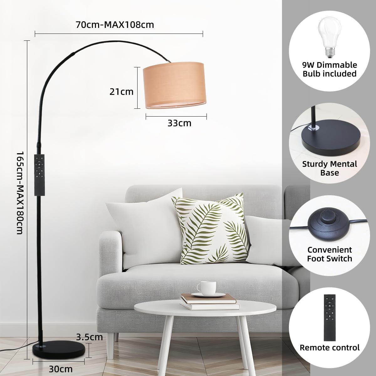 Aura arc floor lamp - remote, 5 modes, dimmable, 2700–6500K, linen shade