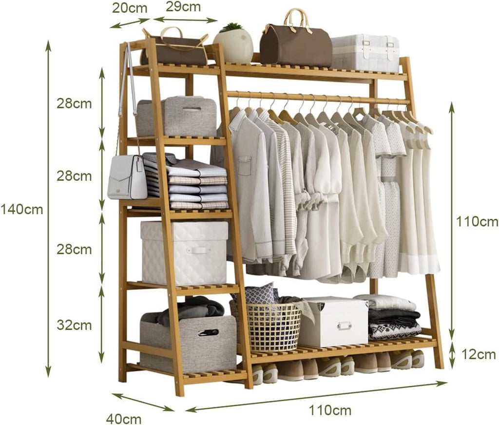 Bamboo clothes rack with shelves and hooks