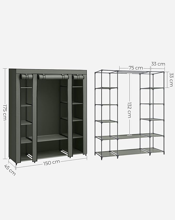 SONGMICS Fabric Wardrobe, 12 Shelves with Clothes Rail and Shelves, Sturdy Wardrobe, for Bedroom, Dressing Room, 150 x 45 x 175 cm, Grey LSF03G