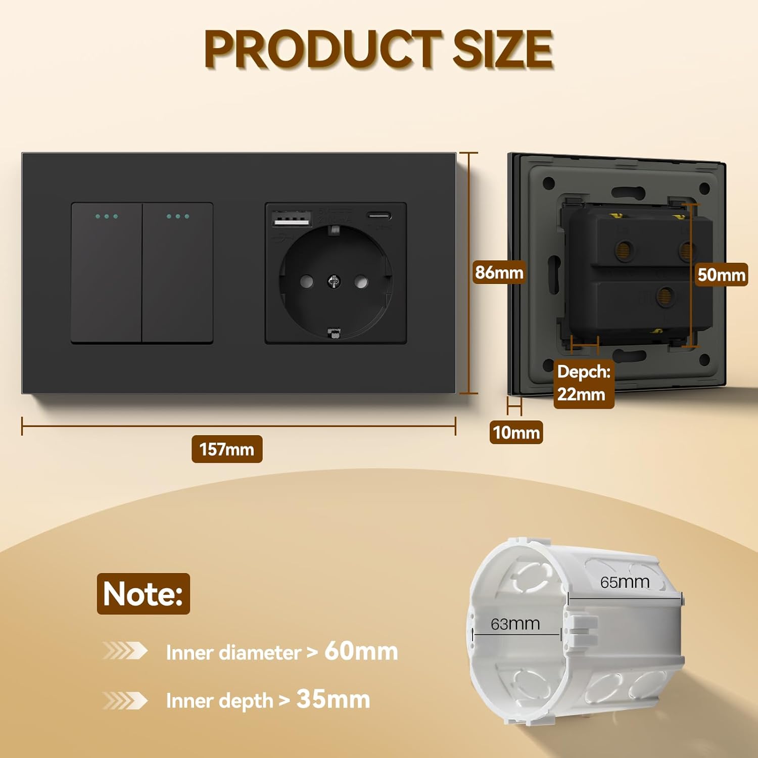 Light Switch with Schuko Socket and USB Ports Modern Flush-Mounted – Black