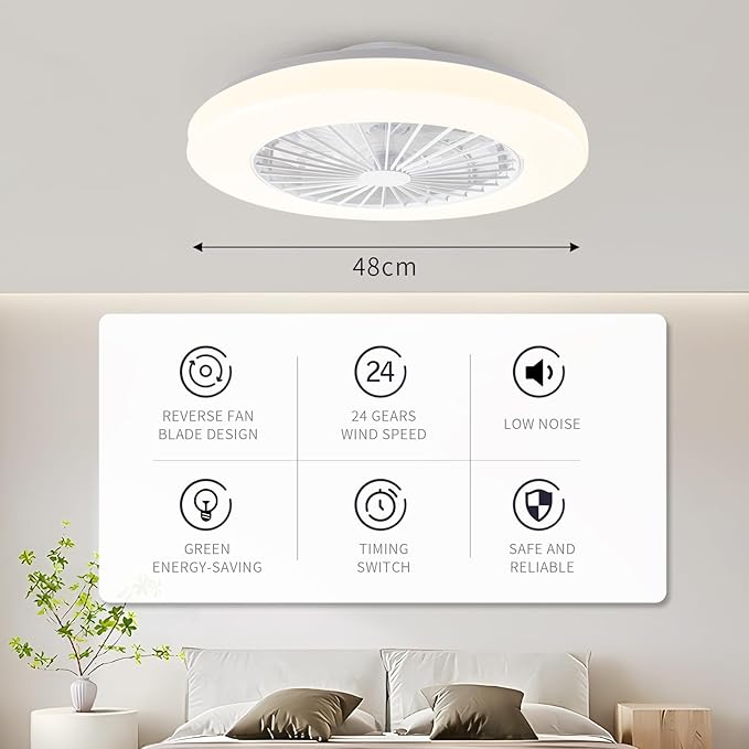 LED Ceiling Fan BKZO 48 cm – 24 Speeds, Dimmable 3000–5500K, White