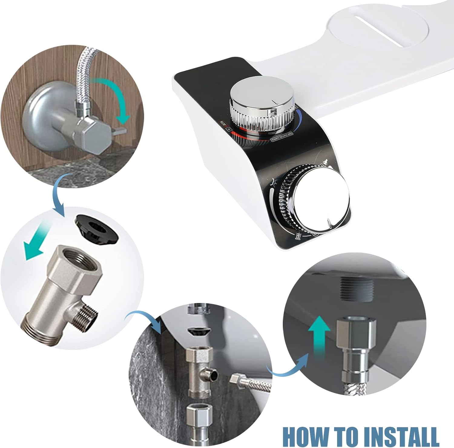 Bidet attachment for toilet seat - pressure and temperature adjustment, dual nozzles