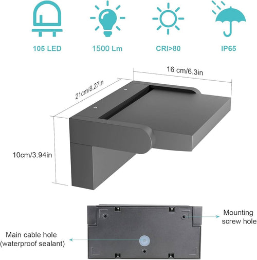 24W Outdoor Wall Light with Motion Sensor, Waterproof IP65 LED Lamp for Entrance and Terrace – Black