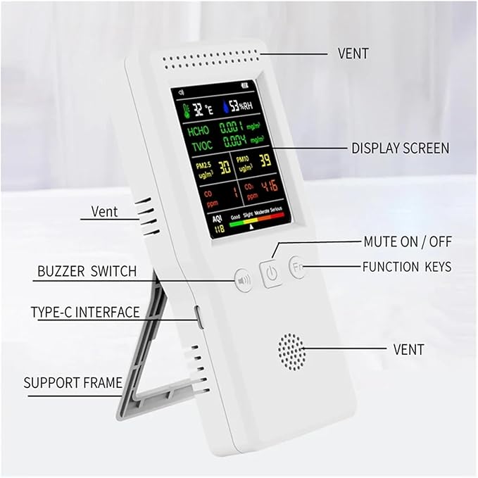 9-in-1 Air Quality Monitor – PM2.5, Temperature, Humidity, with Backlight