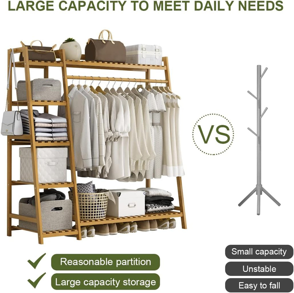 Bamboo clothes rack with shelves and hooks