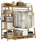 Bamboo clothes rack with shelves and hooks