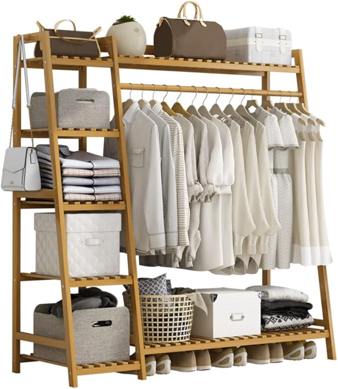 Bamboo clothes rack with shelves and hooks