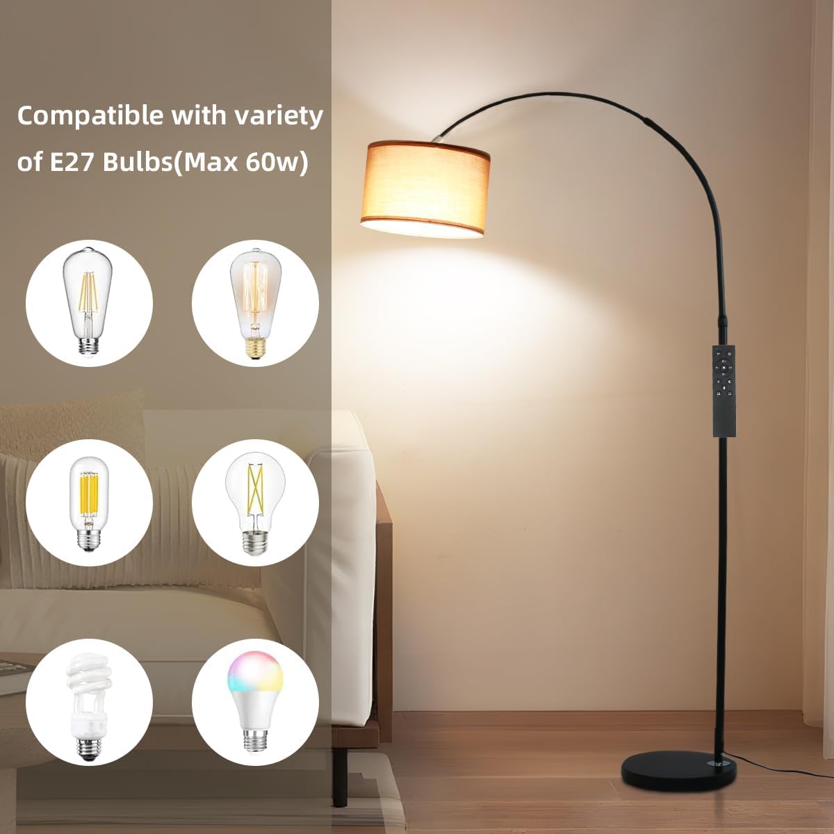 Aura arc floor lamp - remote, 5 modes, dimmable, 2700–6500K, linen shade