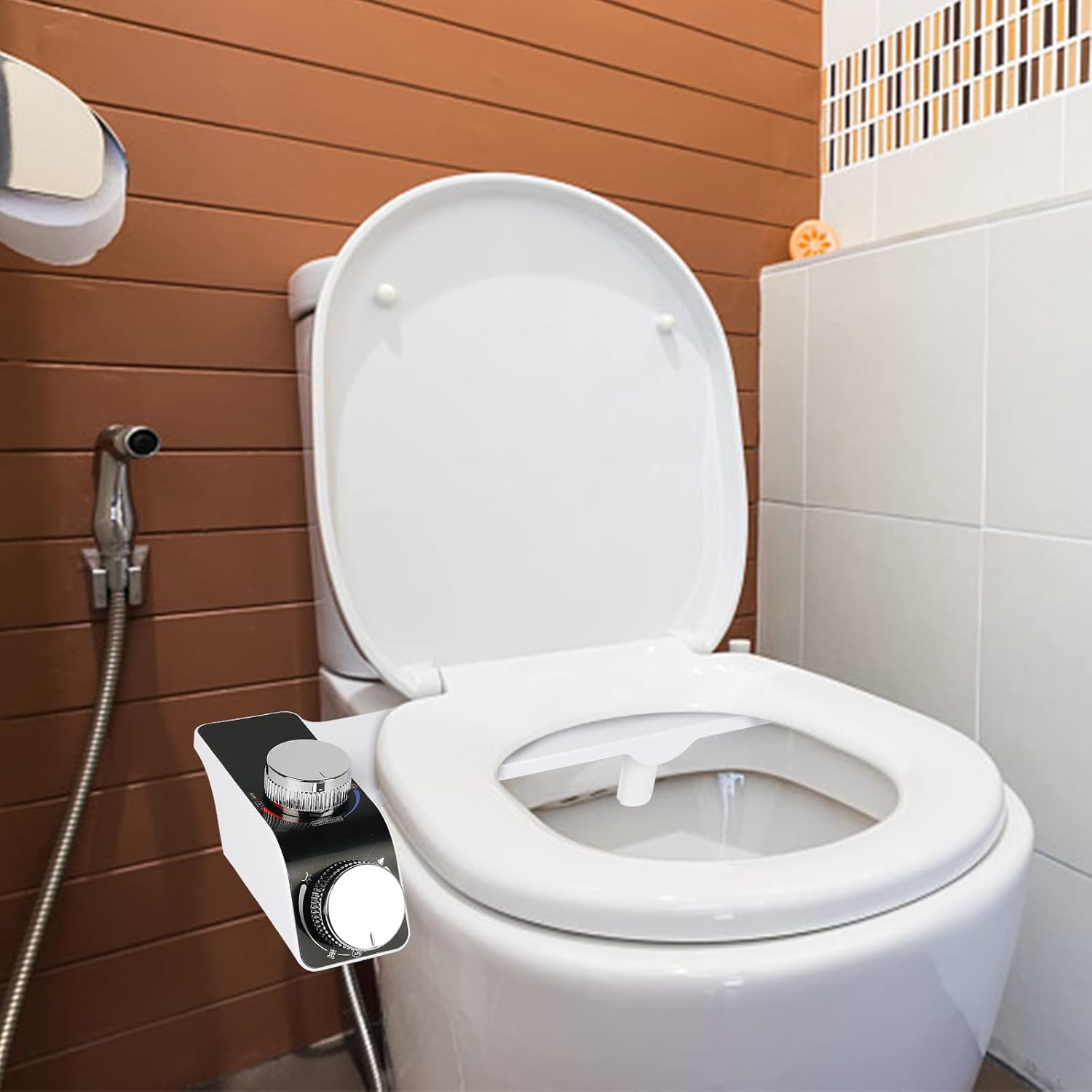 Bidet attachment for toilet seat - pressure and temperature adjustment, dual nozzles
