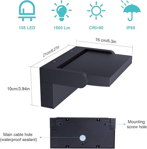24W Outdoor Wall Light with Motion Sensor, Waterproof IP65 LED Lamp for Entrance and Terrace – Black