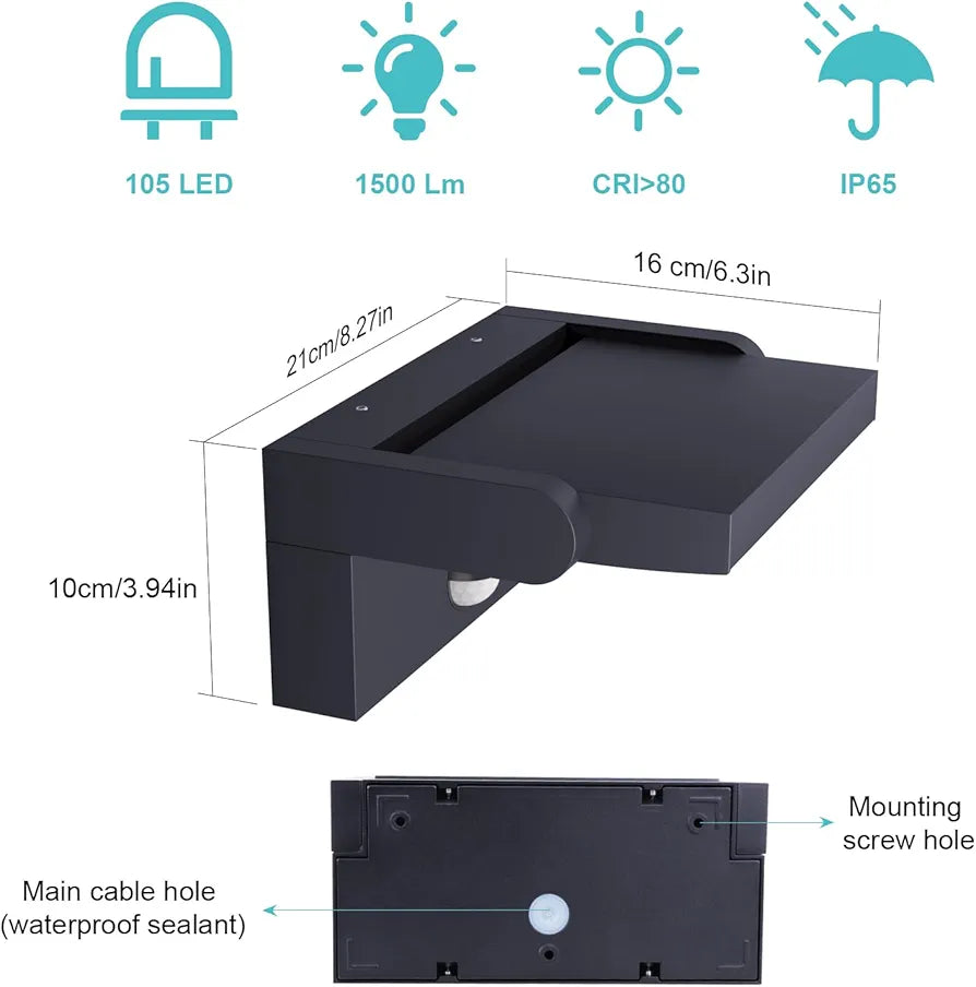 24W Outdoor Wall Light with Motion Sensor, Waterproof IP65 LED Lamp for Entrance and Terrace – Black