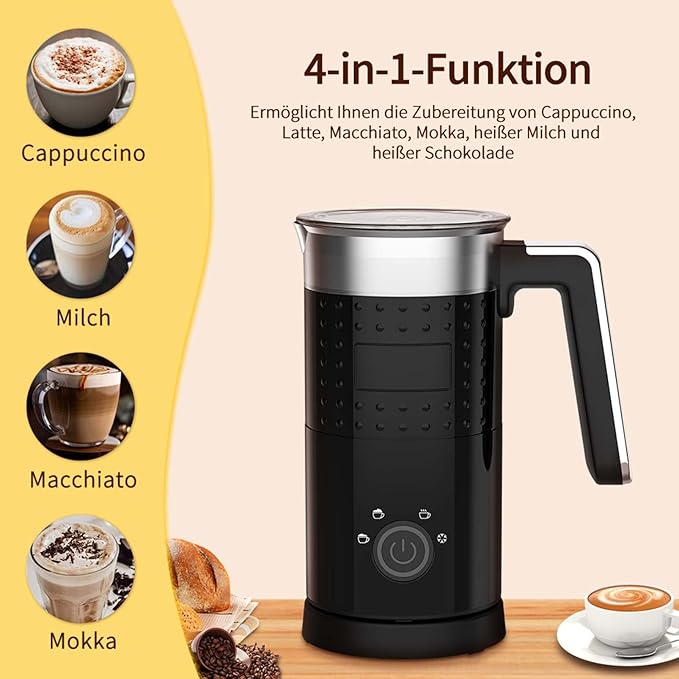 4-in-1 Electric Milk Frother – 300ml, Quiet, Cold and Hot Foam