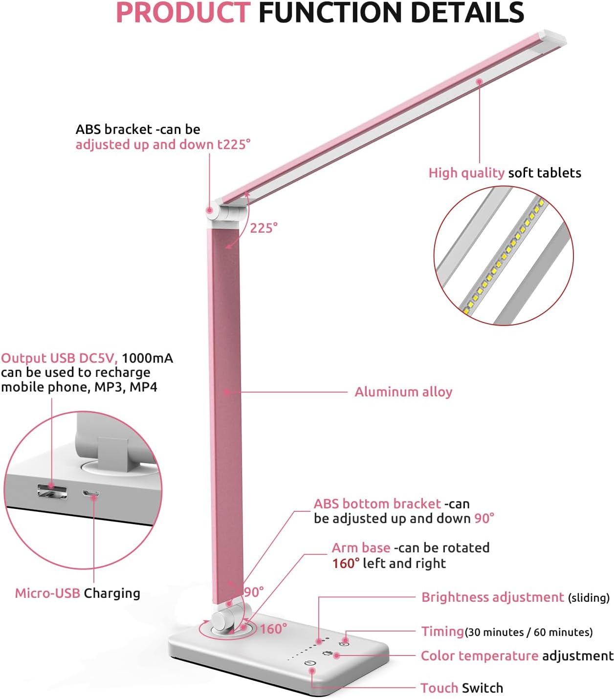 Chesbung Pink Dimmable LED Desk Lamp with Touch Control Eye-caring - Foldable