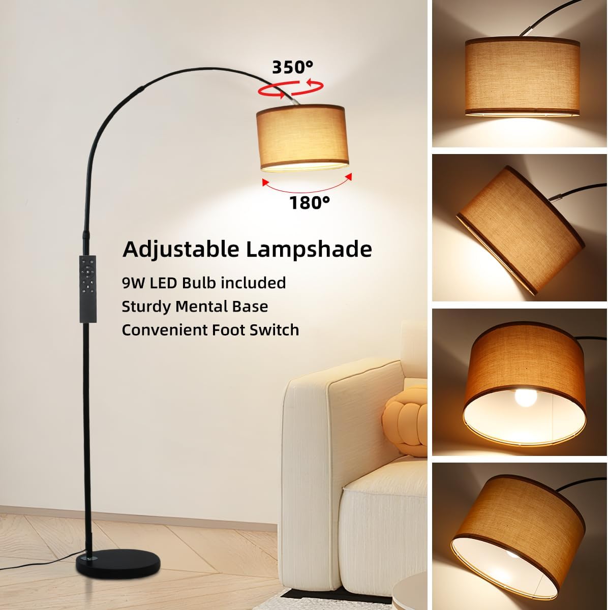 Aura arc floor lamp - remote, 5 modes, dimmable, 2700–6500K, linen shade