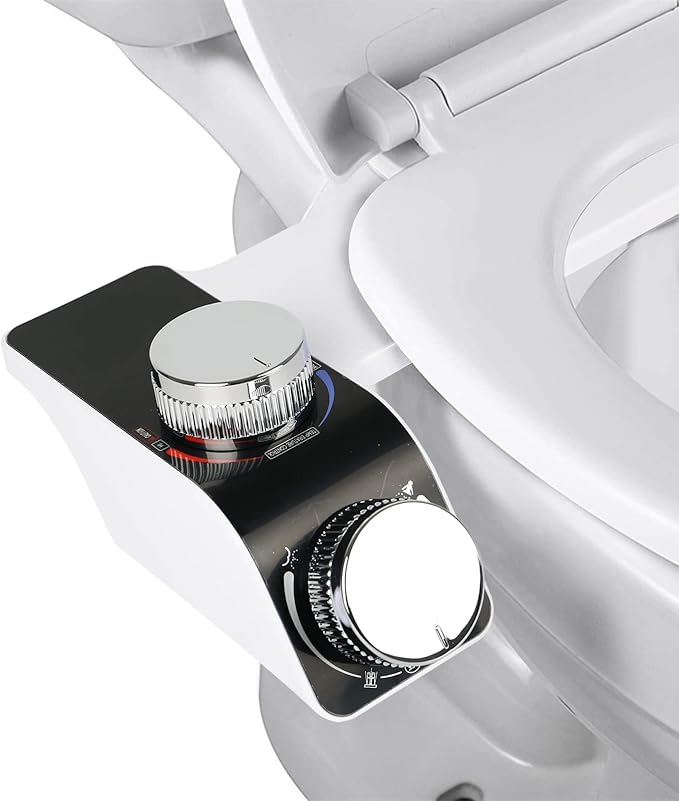 Bidet attachment for toilet seat - pressure and temperature adjustment, dual nozzles
