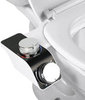 Bidet attachment for toilet seat - pressure and temperature adjustment, dual nozzles