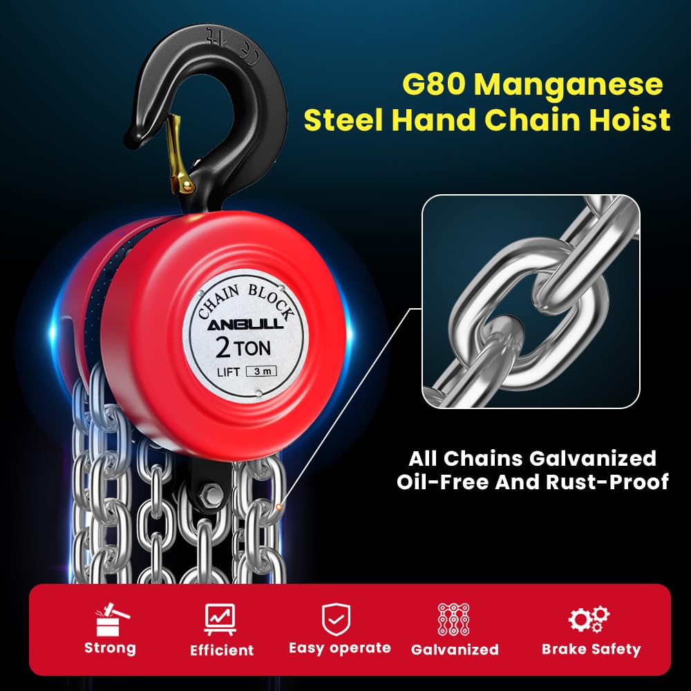 Anbull 2T Chain Hoist - 3m galvanized chain, 2000kg lifting capacity