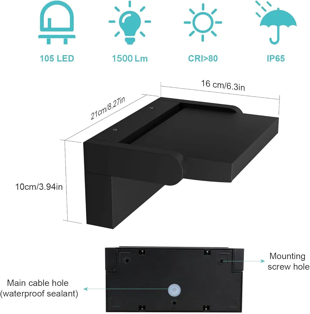 24W Zewnętrzna Lampa Ścienna  Wodoodporna IP65 Lampa LED do Wejścia i Tarasu – Czarna