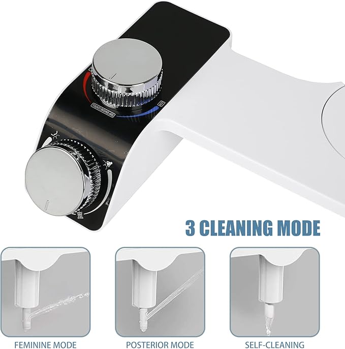 Bidet attachment for toilet seat - pressure and temperature adjustment, dual nozzles