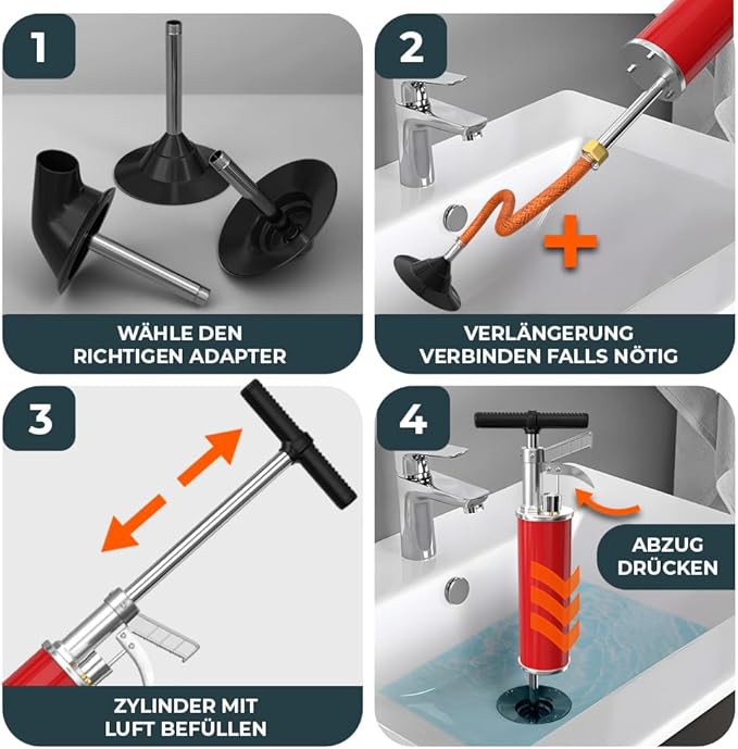 Pompa Pneumatyczna do Czyszczenia Odpływów – 8 bar, 2 Adaptery, Bez Chemii
