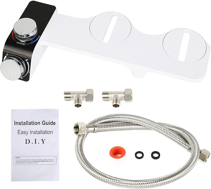 Bidet attachment for toilet seat - pressure and temperature adjustment, dual nozzles