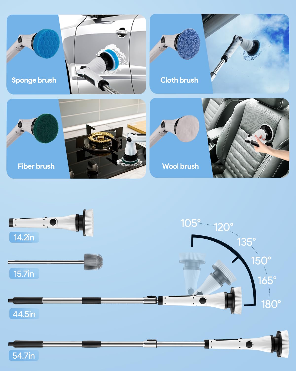 Leebein Electric Scrubber – 8 Brush Heads, 2 Speeds, 37-139cm Extendable Handle
