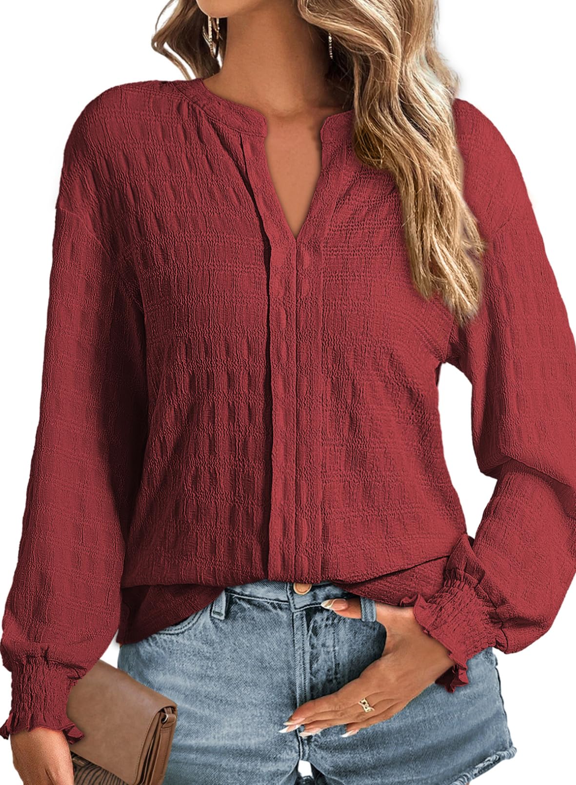 Women's Long-Sleeve V-Neck Blouse - Casual Tunic, Black, Size S